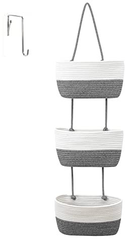 Btstil Hängeorganizer Tür Wand Organizer, 3-Tier Baumwolle Seil Gewebt Wall-Mounted Veranstalter, Organizer Hängend Badbadkorb zur Aufbewahrung für Wohnzimmer, Bad, Schlafzimmer (Weiß+Grau)