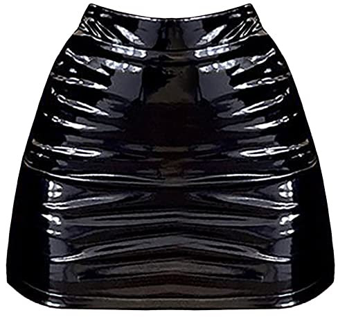 Agoky Damen Wetlook Lack Leder Rock Seitlich Cut-Outs Minirock Slim Fit Figurbetond Bodycon Röckchen Schwarz B XL