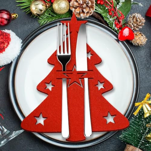 Besteckhalter Weihnachten Filz, 12 Stück Bestecktasche Tannenbaum Besteckbeutel Weihnachtsbaum Tischdeko Rot, Weihnachts Messer Gabeln Löffel Geschirr Besteck Taschen für Party (Weihnachtsbaum-Rosa)