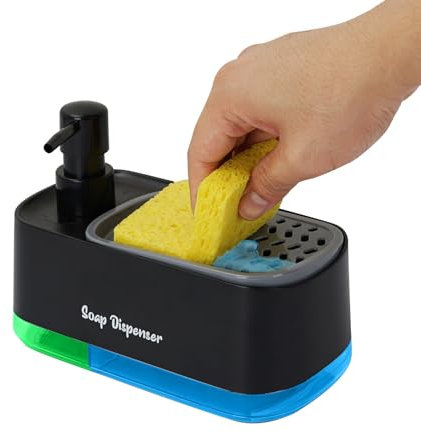 Acrylicc Dish Soap Dispenser Kitchen,2-in-1 Countertop Dish Soap Dispenser Set,Black Hand Washing Liquid Dispenser Set with 1 Sponge Holder,for Kitchen Sink Bathroom Countertop Storage Organizer