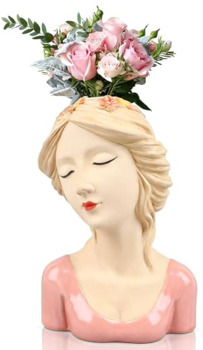Ceramics Statue Flower Vase, Girl Face Vase Ceramic Abstract Flower Vase Face Pots Bust Head Vase for Home Decoration(Pink)