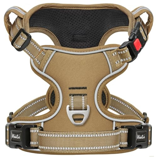 HEELE Harnais pour Chien, Harnais Réfléchissant Anti-Traction pour Grand Chien avec Poignée Rembourrée, 1 Boucle sur la Sangle de Cou Droite pour Un Dégagement Rapide, Marron-Verrou, XL