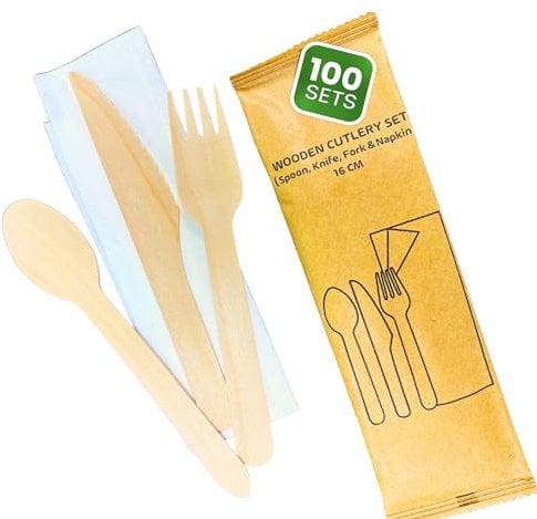 DISPOSABLE GREEN® | Individual Wrapped Wooden Compostable Cutlery Set, Each Set Includes 16cm Long Fork, Knife, Spoon and a Napkin- 100 Sets