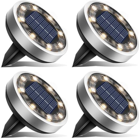 btfarm Lot de 4 Lampe Solaire Au Sol, 8 LED Jardin Exterieur Solaire Etanche IP65 Lumiere Solaire, Spot Solaire Extérieur pour Chemins Pelouse Terrasse Allée Cour Piscine, Blanc Chaud