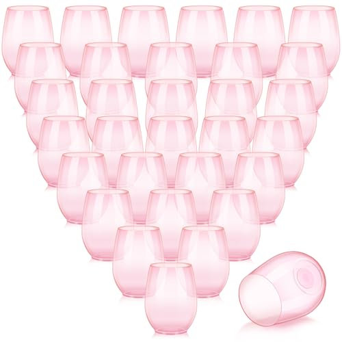 Layhit 32 Pcs Pink Plastic Wine Glasses Stemless Reusable Wine Glasses Unbreakable Plastic Cups for Wedding Birthday Valentine's Day Champagne Party(14 oz)