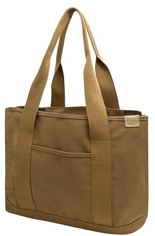 Damen Groß Handtasche mit Laptopfach Canvas Satchel Tote Bag Schultertasche Shopper Tasche für Arbeit Bücher Alltag Lehrertasche caffee Large