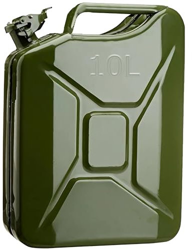 ESTO Benzinkanister aus Metall, Militärgrün, Fassungsvermögen 5 l, 10 l, 20 l, mit oder ohne Ausgießer, Sicherheitsverschluss, rostfrei, zertifiziert für den Transport gefährlicher Güter 10 Liter /