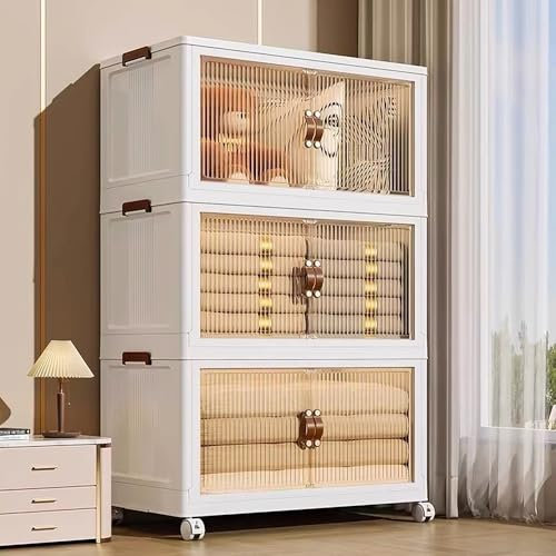 Faltbare Aufbewahrungsbox mit Deckel,3-Lagen Stapelbare Ordnungsboxen,Stapelboxen mit Magnetisch Türen und Rädern,Groß Kiste Aufbewahrung,Schuhboxen Schuhkarton,Küche Büro Wohnzimmer (60*34*103cm)