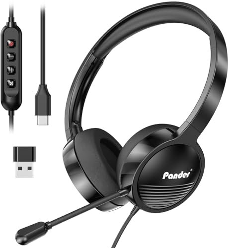 PANDER Cuffie con microfono, cuffie USB cablate con microfono per PC, cuffie per computer con microfono a cancellazione del rumore, cuffie USB/USB-C con microfono per lavoro, ufficio, lezioni online,
