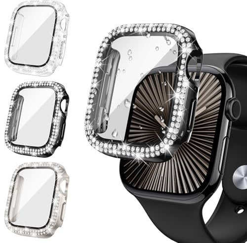 Neitra [3Stück Glitzer Diamanten Hülle für Apple Watch Series 10 42mm, Hart PC Bumper Case mit HD Gehärtetes Displayschutz Folie, Bling Schutzhülle Cover Smartwatch Zubehör für Frauen Mädchen