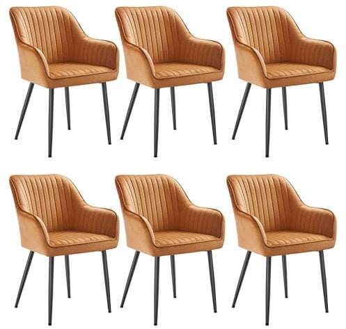 SONGMICS Esszimmerstuhll, 6er Set, Küchenstuhl, Sessel, Samt, Polsterstuhl mit Armlehnen, Loungesessel, bis 120 kg belastbar, Metallbeine, für Esszimmer, Küche, karamellbraun-tintenschwarz LDC087K16