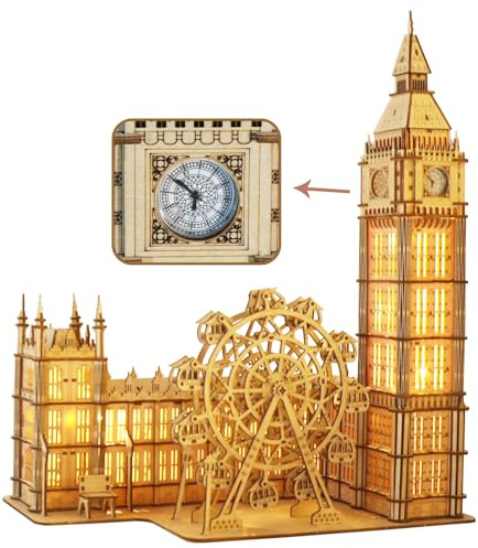 Music Park 3D Wooden Puzzles Big Ben Mechanical Real Clock with Night Light DIY Model Building Kits for Adults to Build Ferris Wheel Hobbies and Birthday Valentine's Day Gifts Home Decoration