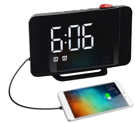 OJXIER Projektionswecker, Wecker fürs Bett mit FM-Radio, Digitaluhr mit USB-Ladeanschluss, Schlummerfunktion, LED-Spiegelanzeige, 4 einstellbare Helligkeiten, Uhren fürs Schlafzimmer,Weiß