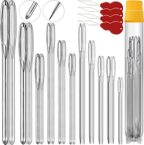 60 PCS Big Eye Sewing Needles, 12 Sizes Handmade Sewing Needles, Knitting Needles, Yarn Needles, Embroidery Needles, Big Eyes Blunt Needles, Stainless Steel Hand Quilted Needles, with 4 Threaders