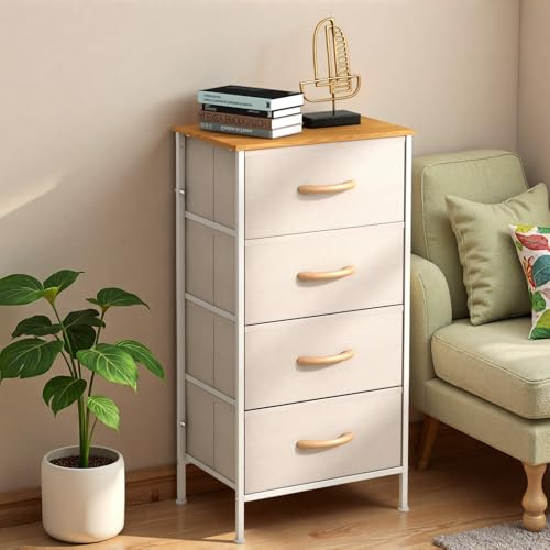 KU Syang Bedroom 4-Drawer Chest Storage Unit, MDF Top Adjustable Feet Anti-Tip Design for Bedroom Living Room, Size 45x30x91cm (17.7x11.8x35.8in), Light Khaki