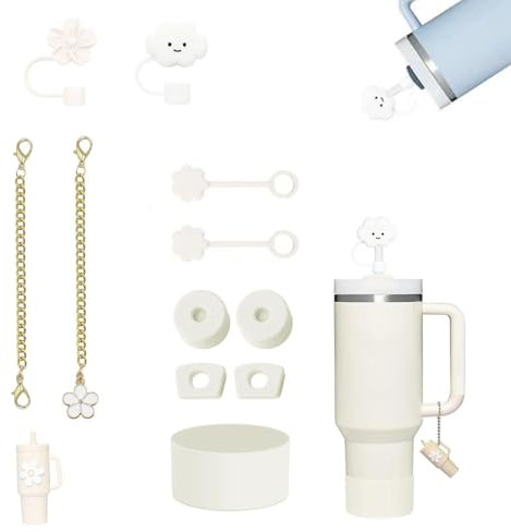 Yisquar Stanley Cup Zubehör 11pcs Stanley Cup Dekoration Include 6 PCS Cup Spill Proof Stopper 2 Pcs Straw Cover Cap 2 pcs Stanley Charms Anhänger 1PC Silikonhülle für Stanley 30/40 oz Tumbler