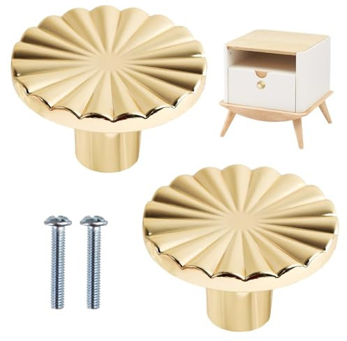 Gold Cabinet Knobs, 2 Pack Brushed Brass Round Drawer Knobs Classic Zinc Alloy Solid Dresser Knob Modern Design Kitchen Cupboard Knob Replacement Furniture Pulls for Dressers Wardrobes Cupboards