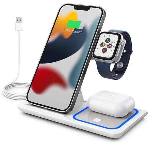 Wireless Charger, Foldable 3 in 1 Wireless Charger Stand for Apple Watch 9/8/7/6/SE/5/4/3/2, For Airpods Pro/3/2,Fast Charging Station for iPhone 16/15/14/13/12/11/XS/XR/X/8 (White)