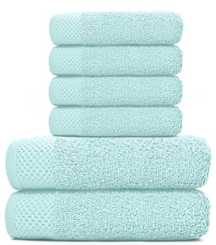 HIPERMANTA Juego Toallas Pack 6 Unidades Algodón 100% (4 Toallas Lavabo 50x90 y 2 Ducha 70x140) Toallas Suaves, Resistentes y Absorbentes. Rizo Americano. Color Verde Menta