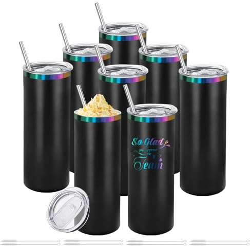 YOUKE OLA 8 Pack Rainbow Plated Stainless Steel Tumbler Straight Double Wall Powder Coated for Laser Engrave, 20oz Black To Iridescent