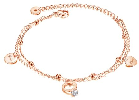 Glintara Fußkettchen für Damen, Doppelte Fußkette Zirkon, Sommer Wasserfest Barfuß Fusskette, Geschichtet Fusskettchen mit Ring Perlen Rund Herz, Verstellbar Knöchel Kette Fußspange für Frauen Mädchen