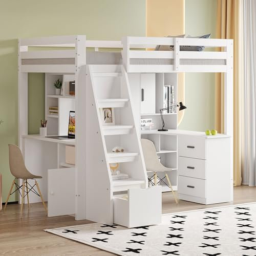 Lubvtti Letto a soppalco 90x200 cm, piano di lavoro con ripiani, scala con contenitore e cassetti, letto singolo in legno massiccio, bianco (materasso non incluso)