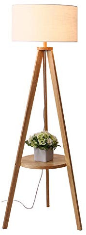Classic Wooden Floor Lamp with Shelves, Tripod Standing Lamp with Fabric Cylinder Shade, Foot Switch, E27 Socket, Modern Floor Light for Living Room, Bedroom, Office, Study It's so kind of you