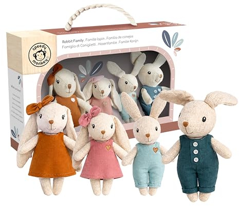 Speedy Monkey Kaninchenfamilie Spielset - 4 Figuren - Puppenhaus | Puppenhaus aus weichem Leinen, Stofftierfiguren, Rollenspiel, Kleinkindspielzeug, Kindergeschenk, Deko-Spielzeug