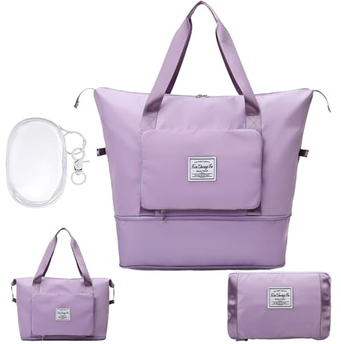 LaresDay 2 Stück big bag Reiseset: Eine große Ein kleines Sporttasche & transparente Kosmetiktasche für Damen Herren | Faltbar, wasserdicht mit Schuhfach | Ideal für Reise Fitnessstudio (Purple)
