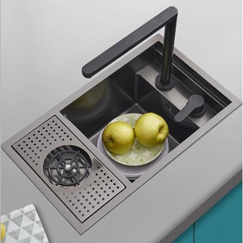 AYCDL Single Bowl Kitchen Sink Lift Faucet with Cover Bar Counter Concealed Single Bowl Sink Stainless Steel Washing Pool Restaurant Commercial Dishwashing Basin,Black-60 * 40 * 23cm