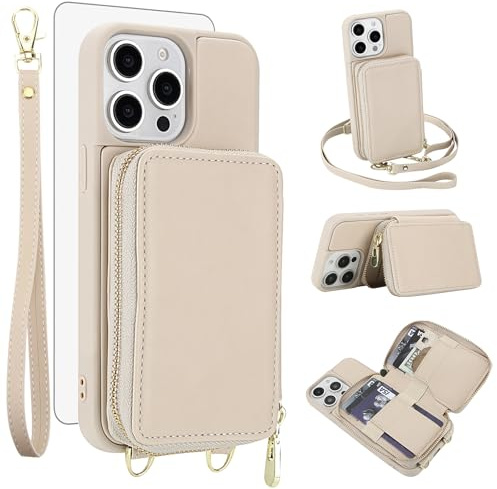 Phone Case for iPhone 15 Pro Max 6.7 inch Wallet Cell Cover with Tempered Glass Screen Protector Crossbody Strap Lanyard RFID Blocking Card Holder i Phone15 15Pro i15 ProMax 15ProMax Women Men Beige