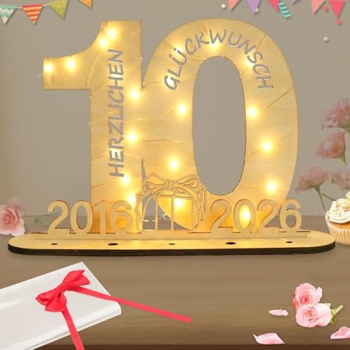 Seutgjie Deko 10. Geburtstag Mädchen Junge 2016-2026, 10 Jahre Jubiläum Rosenhochzeit Holz Schild Gästebuch, Geldgeschenke Geburtstag 10 mit LED Lichterkette Geschenkpapier