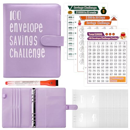 Fettwal 100 Envelope Saving Challenge, Sparbuch für Geld Challenge, A5 Geld Sparen Challengers Geldsparmappe, mit 3 Speicherkarten & Aquarellstift, Sparbuch für Haushaltsgeld Sparchallenge (Lila)