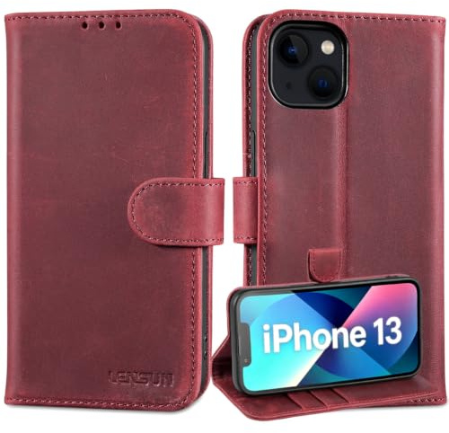 LENSUN Echtleder Handyhülle für iPhone 13, Flip Cover - Retro Rot | Echtes Leder Hülle, Bookstyle Wallet Funktion, RFID Schutz, Flip Cover, Vintage Lederhülle