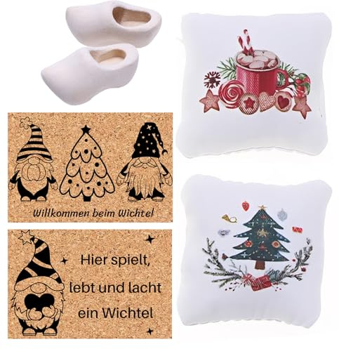 jenich 5Pcs Miniatur Puppenhaus Weihnachten Miniaturgarten Miniatur Garten Deko Weihnachten Teppich Kissen Schuhe für 1/12 Puppenhaus