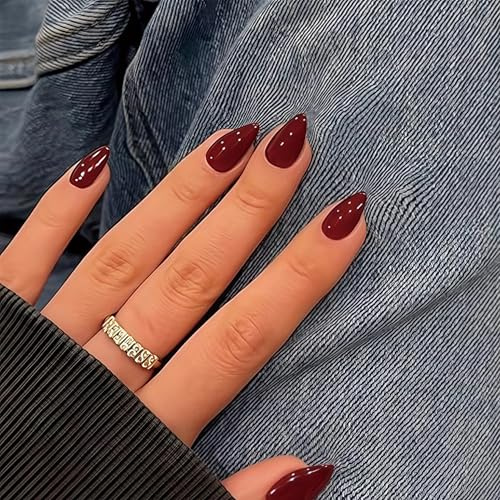 30Pcs Wine Red Press on Nails Medium Almond Burgundy Fake Nails Red Designs False Nails Full Cover Glossy for Women Daily Wear Manicure Decoration