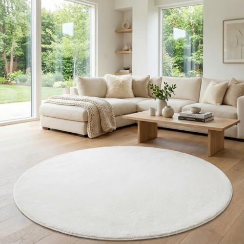 Jimri Flauschiger Teppich Läufer - Hochwertiger Kurzflor für Zuhause, Büro, Küche, Eingang, Flur, Wohnzimmer - Maschinenwaschbar - Rutschfester Teppich Waschbar - 200 cm Rund - Cream_Weiß