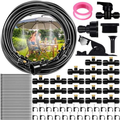 GUHAOOL 103PCS Kit Nebulizador Terraza, 18M Sistema Nebulización Sistema Riego Automático con 20 Boquilla de Nebulizadora de Latón+ 20 Conector de Boquilla Tobera T, para Giardino, Sombrillas
