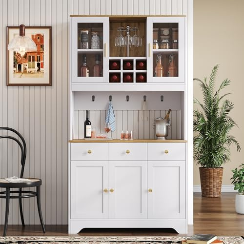 LFGUIZO Küchenschrank Weiß im Landhausstil, Küchenschrank Buffetschrank mit Glastüren & Schubladen, Viel Stauraum für Wohnzimmer, Küche, Esszimmer, 94,5 x 30 x 175,5 cm, Weiß & Holzmaserung