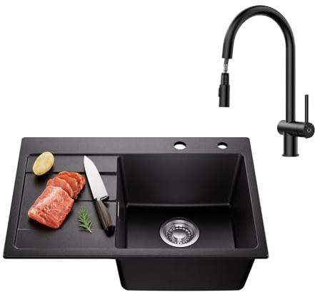 CECIPA Spülbecken Schwarz 65 x 45 cm mit Küchenarmatur mit Brause, Spüle Küche aus Granit, Küchenspüle für 40 cm breite Unterschränke, Waschbecken Küche inkl. Siphon Ab- und Überlaufgarnitur