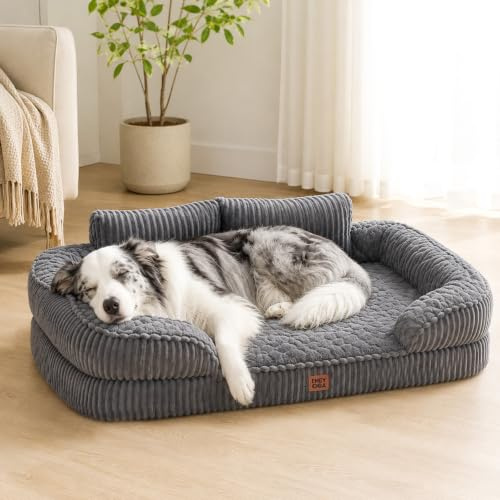 EHEYCIGA Orthopedic Memory Foam Dog Bed Sofa Large, 91x69x17cm, Grey | Bolster Sides Support Neck, Washable Removable Cover, Soft Pet Couch, Waterproof Inner Liner, Non-Slip Bottom