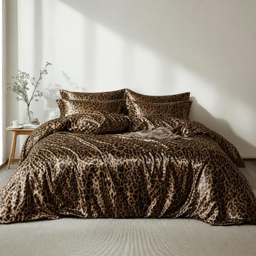 Lanqinglv Satin Bettwäsche 200x220 Leoparden Braun Seide Sommerbettwäsche | Glatt Glanzsatin Luxus,ÖKO-TEX Zertifiziert,für Allergiker,Leo Bettbezug mit Reißverschluss und 2 Kissenbezug 80x80cm