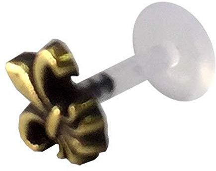 CHICNET Labret Lippen Piercing Acryl Lilie antik golden Brass Motiv Tragus Gold Messing Lippenpiercing Unisex Damen Herren weich Soft Stecker klar transparent Symbol