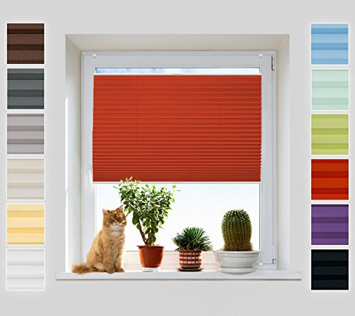 Plissee Rollo ohne Bohren - Jalousie mit easyfix Metall Klemmträger | SUPER Pearl Stoffkollektion | Leicht zu montieren | Faltrollo Sichtschutz, Sonnenschutz, Fenster - [Rot, B: 110cm, H: 100cm]