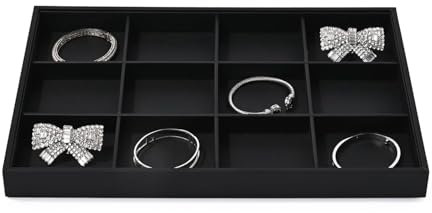 Oirlv Negro PU Cuero Bandeja Joyero con 12 Rejillas - Organizador de Anillos, Pendientes y Relojes