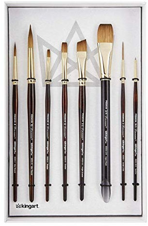 KINGART Finesse Kolinsky Sable Synthetic Blend Premium Watercolor Artist Brushes, Gift Box, Set of 8, Synthetic Brush Hairs, Acrylic Handle, for Oil, Acrylic, Watercolor, and Gouache Paints