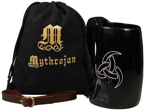 Mythrojan Viking Drinking Horn Tankard Medieval Horn Tankard with Leather Strap and Free Canvas Bag for Drinking Beer Wine Whiskey Mead Ale Mug - 600 ML