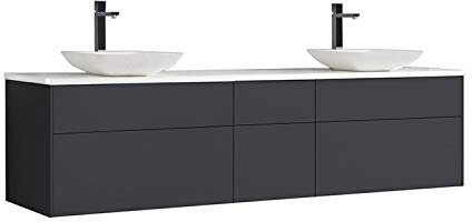 StoneArt Badmöbel Set Mineralguss Waschbecken Waschschale Aufsatzwaschbecken und Unterschrank Waschtisch Einzel- oder Doppelwaschbecken Venice VE-2000pro-2 dunkelgrau 200cm