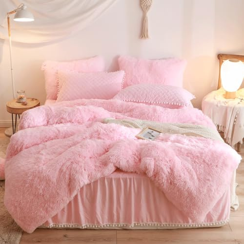 HAIHUA Fluffy Pink Comforter Cover Queen Set, Soft Furry Shaggy Pink Bedding Queen Set 3 Pieces (1 Fuzzy Duvet Cover + 2 Faux Fur Pillow Cases) Fluffy Bed Set, Zipper Closure