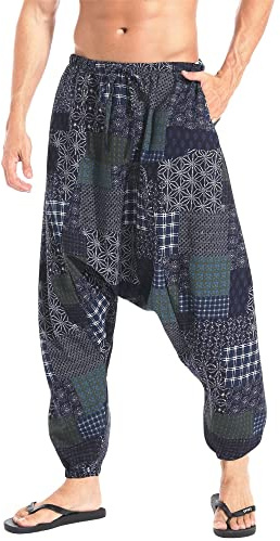 AITFINEISM Men's or Women's Harem Hippie Pants Baggy Boho Patterned Low Crotch Lounge Wide Leg Trousers for Yoga Summer Beach (4XL, Blue-1)